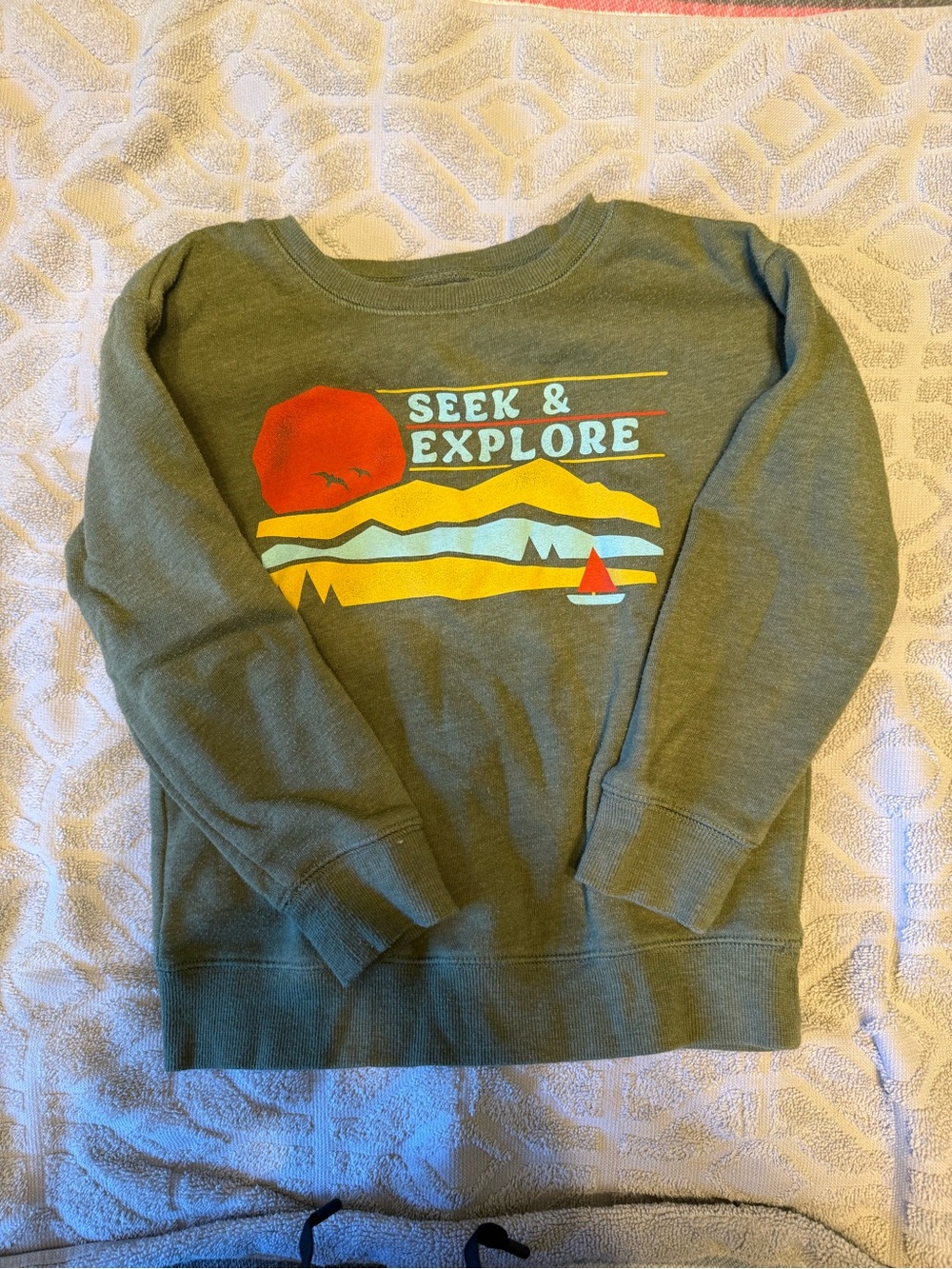 Kids “Seek & Explore” Olive Green Crewneck Sweater